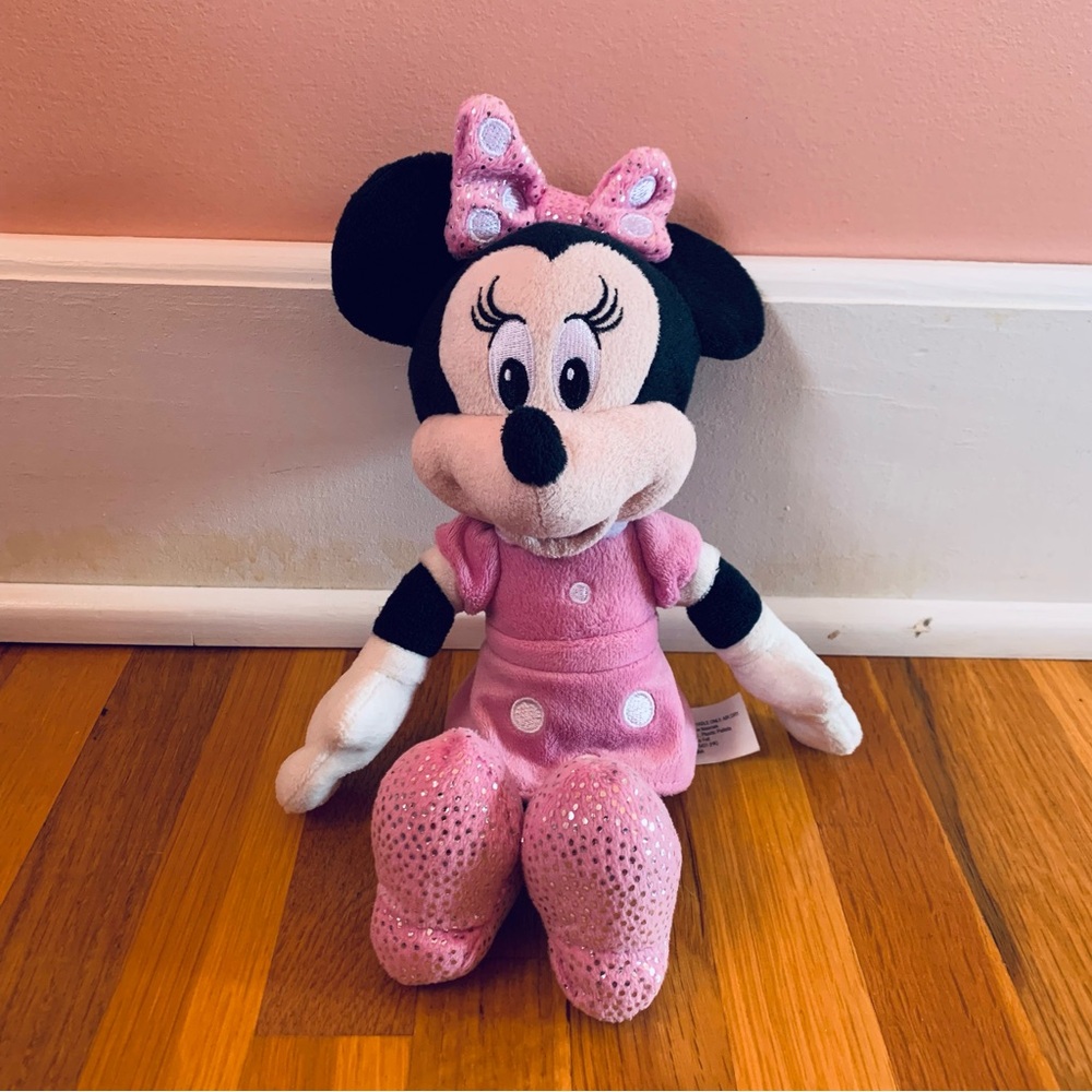 Dinsey Minnie Mouse Stuffed Animal Pink Polka Dot Dress Glitter Shoes & Bow